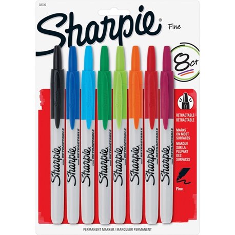 Sharpie Retractable Permanent Markers - Fine Marker Point - Retractable - Assorted - 8 / Set