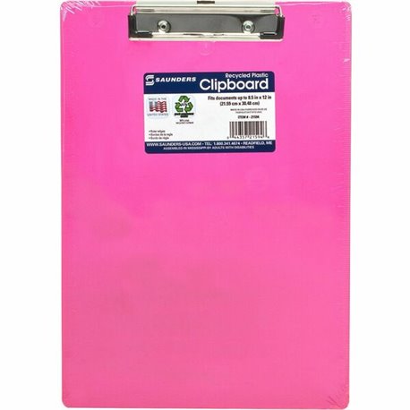 Saunders Neon Plastic Clipboards - 0.50" Clip Capacity - Plastic - Neon Pink - 1 Each