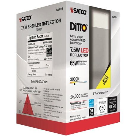 Satco 7.5W BR30 LED Bulb - 7.50 W - 65 W Incandescent Equivalent Wattage - 120 V AC - 650 lm - BR30 Size - Frosted White - Warm 