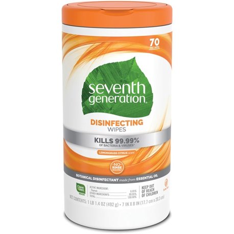 Seventh Generation Disinfecting Cleaner - Lemongrass Citrus Scent - 8" Length x 7" Width - 70 / Canister - 6 / Carton - Deodoriz