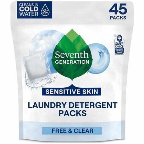 Seventh Generation Laundry Detergent - For Laundry - Free & Clear Scent - 45 / Packet - 1 / Pack - Non-toxic, Hypoallergenic, No