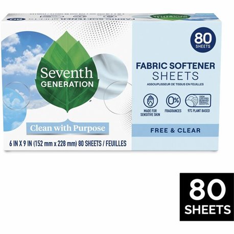 Seventh Generation Free & Clear Fabric Softener Sheets - 9" Length x 6.40" Width - 80 / Box - Bio-based, Hypoallergenic, Fragran