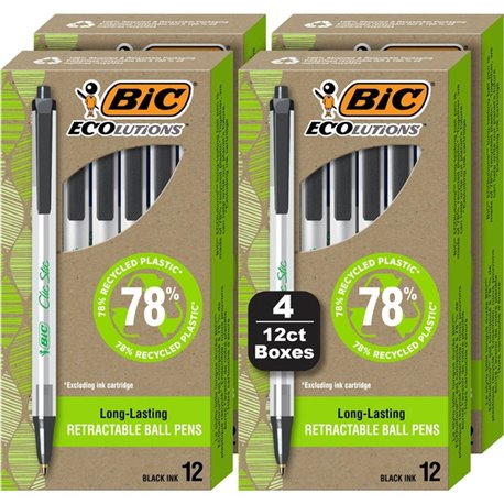 BIC Ecolutions Clic Stic Ballpoint Pen - Medium Pen Point - 1 mm Pen Point Size - Retractable - Black - Semi Clear Barrel - 48 /