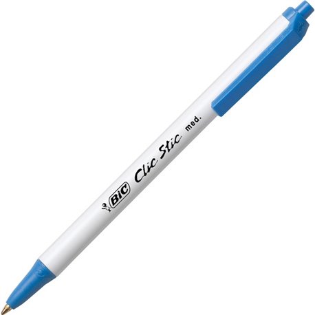 BIC Clic Stic Retractable Ballpoint Pens - Medium Pen Point - Round Pen Point Style - Retractable - Blue - Clear Barrel - 1 Doze