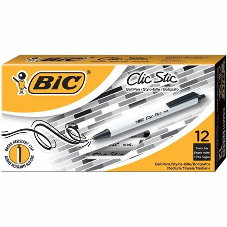 BIC Clic Stic Retractable Ballpoint Pens - Medium Pen Point - Retractable - Black - White Barrel - 1 Dozen