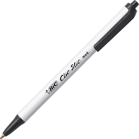 BIC Clic Stick 1.0mm Retractable Ball Pen - Medium Pen Point - 1 mm Pen Point Size - Retractable - Black - White Barrel - 60 / B