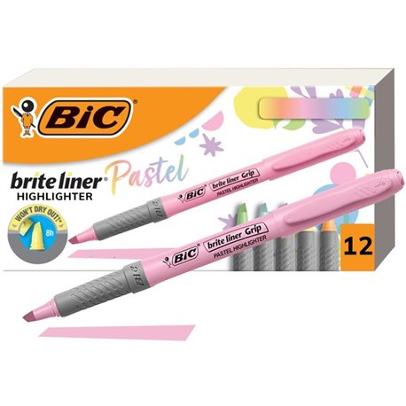 BIC Brite Liner Grip Highlighters, Assorted, 12 Pack - 1.6 mm Marker Point Size - Chisel Marker Point Style - Assorted, Pastel Y