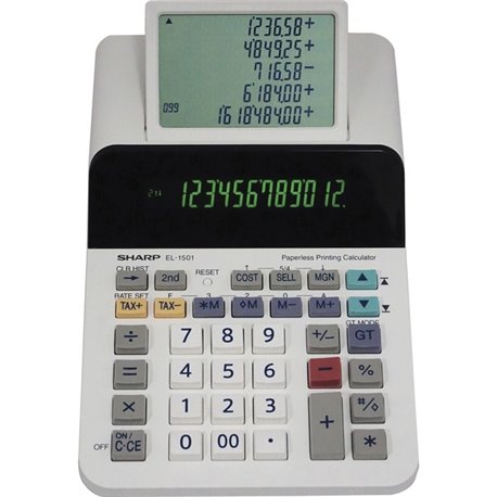 Sharp EL-1501 12-digit Printing Calculator - LCD Display, Compact, 4-Key Memory, Paperless Printing, Cordless - 12 Digits - LCD 