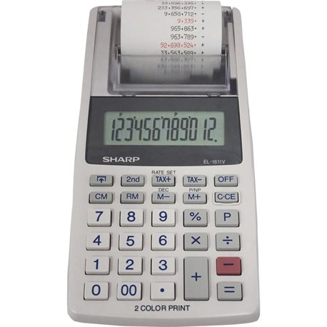 Sharp EL-1611V 12-digit Mini Printing Calculator - Dual Color Print - Black/Red - 2 lps - 4-Key Memory, Lightweight, Dual Power,