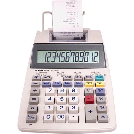 Sharp EL-1750V 12 Digit Printing Calculator - Dual Color Print - 2 lps - 2 Line(s) - 12 Digits - LCD - Battery/Power Adapter Pow