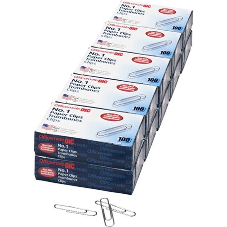 Officemate 1 Non-skid Paper Clips - No. 1 - 1.8" Length x 0.5" Width - Non-skid - 1000 / Pack - Silver - Steel
