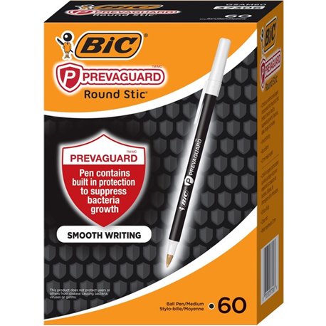 BIC PrevaGuard Round Stic Ballpoint Pen - Medium Pen Point - 1 mm Pen Point Size - Black - Black Plastic Barrel - 60 / Box