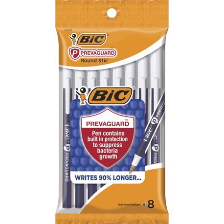 BIC PrevaGuard Round Stic Ballpoint Pen - Round Pen Point Style - Blue - 8 / Pack