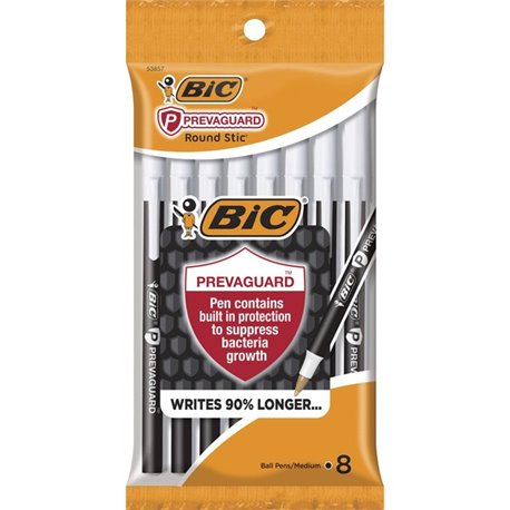 BIC PrevaGuard Round Stic Ballpoint Pen - Round Pen Point Style - Black - 8 / Pack