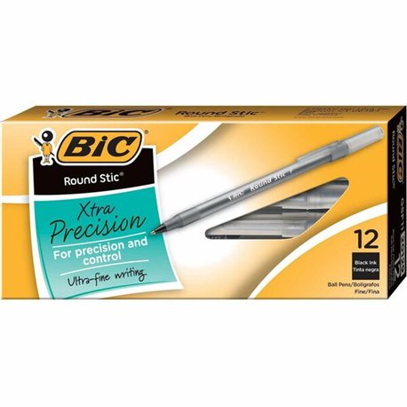 BIC Round Stic Ballpoint Pens - Fine Pen Point - Black - Frost Barrel - 1 Dozen