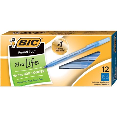 BIC Round Stic Ballpoint Pens - Medium Pen Point - Blue - Blue Barrel - 1 Dozen