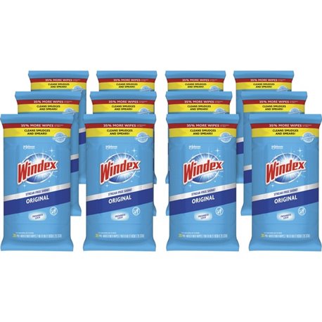 Windex Glass & Surface Wipes - Ready-To-Use - 38 / Pack - 12 / Carton - Streak-free, Unscented, Chemical-free - White