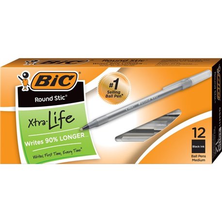 BIC Round Stic Ballpoint Pens - Medium Pen Point - Black - Black Barrel - 1 Dozen