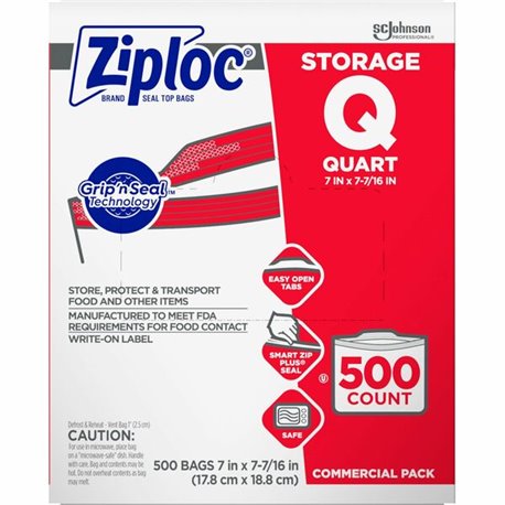 Ziploc Quart Storage Bags - Medium Size - 1 quart Capacity - 7" Width - 1.75 mil (44 Micron) Thickness - Zipper Closure - Textur