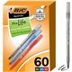 BIC Round Stic Xtra Life Ball Point Pen, Assorted, 60 Pack - 1 mm Pen Point Size - Assorted - Translucent Barrel - 60 Pack