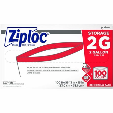 Ziploc 2-Gallon Storage Bags - Extra Large Size - 2 gal Capacity - Clear - 100/Carton - Food