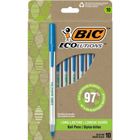 BIC Ecolutions Round Stic Ball Point Pen - Medium Pen Point - 1 mm Pen Point Size - Blue - Semi-transparent Barrel - 10 / Pack