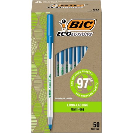 BIC Ecolutions Round Stic Ball Point Pen - 1 mm Pen Point Size - Blue - Semi Clear Barrel - 50 Pack