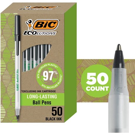 BIC Ecolutions Round Stic Ball Point Pen - Medium Pen Point - 1 mm Pen Point Size - Refillable - Black - Frost Polypropylene, Tr