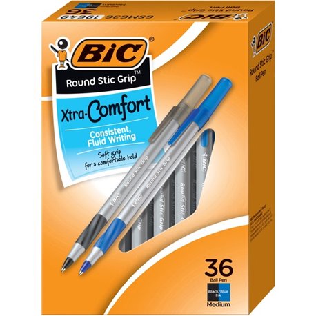 BIC Round Stic Grip Xtra-Comfort Medium Ball Point Pen, Assorted, 36 Pack - Medium Pen Point - 1.2 mm Pen Point Size - Assorted 