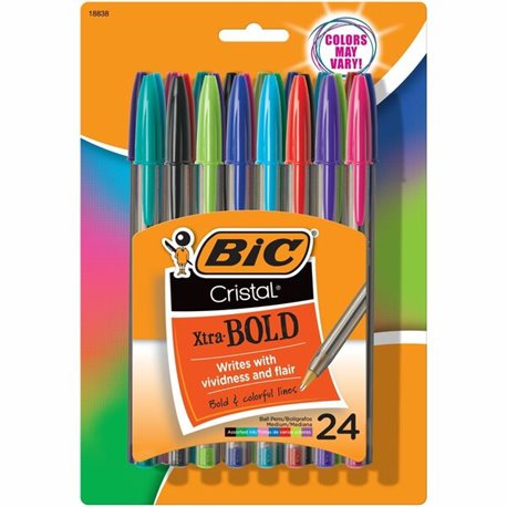 BIC Cristal Ballpoint Pen - Bold Pen Point - 1.6 mm Pen Point Size - Assorted - Translucent Barrel - 24 Pack