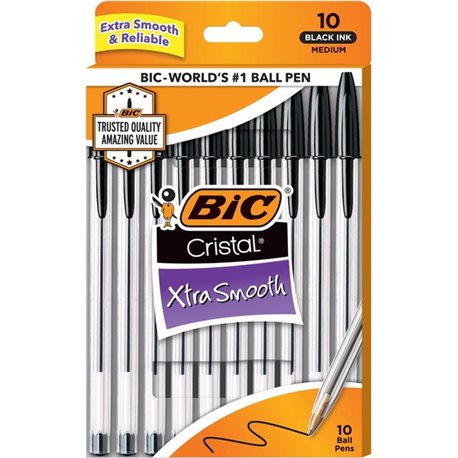 BIC Cristal Ballpoint Stick Pens - Medium Pen Point - Black - Clear Barrel - 10 / Pack