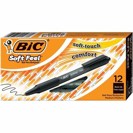 BIC SoftFeel Retractable Ball Pens - Medium Pen Point - Retractable - Black - Black Rubber Barrel - 1 Dozen