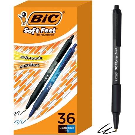 BIC Soft Feel Retractable Ball Point Pen Medium, Assorted, 36 Pack - Medium Pen Point - 1 mm Pen Point Size - Retractable - Asso