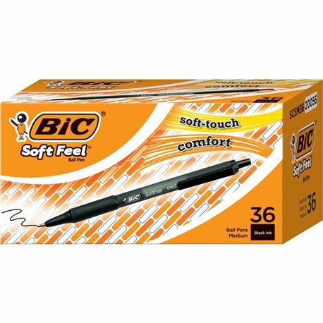 BIC SoftFeel Retractable Ball Pens - Medium Pen Point - 1 mm Pen Point Size - Retractable - Black - Black Barrel - 36 / Box