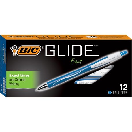 BIC Glide Exact Retractable Ballpoint - Fine Pen Point - Retractable - Blue - Blue, White Barrel - 1 Dozen