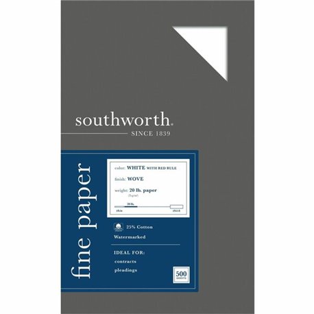 Southworth Red Ruled Business Paper - Legal - 8 1/2" x 14" - 20 lb Basis Weight - Wove - 500 / Box - Acid-free, Watermarked, Dat