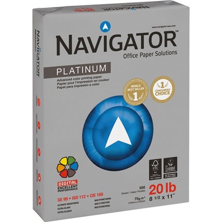 Navigator Platinum Office Multipurpose Paper - 99 Brightness - Letter - 8 1/2" x 11" - 20 lb Basis Weight - Smooth - 5000 / Cart