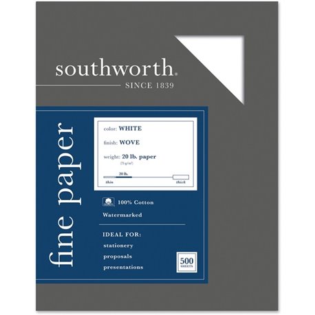 Southworth 100% Cotton Business Paper - Letter - 8 1/2" x 11" - 20 lb Basis Weight - Wove - 500 / Box - Wear Resistant, Date-cod