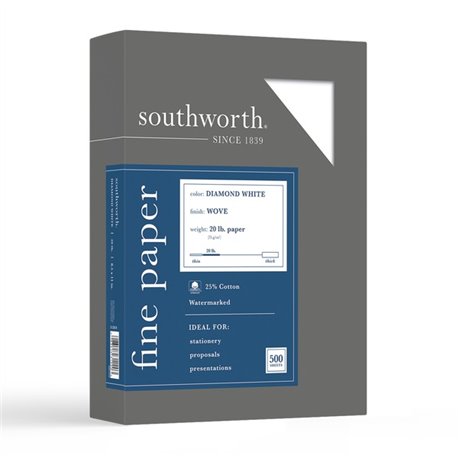 Southworth Diamond White Business Paper - Letter - 8 1/2" x 11" - 20 lb Basis Weight - Wove - 500 / Box - Acid-free, Watermarked