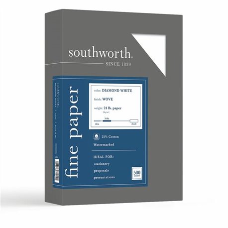 Southworth Diamond White Business Paper - Letter - 8 1/2" x 11" - 24 lb Basis Weight - Wove - 500 / Box - Acid-free, Watermarked