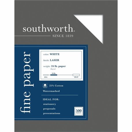 Southworth Laser Paper - White - Letter - 8 1/2" x 11" - 24 lb Basis Weight - Extra Smooth - 500 / Box - Acid-free, Watermarked,