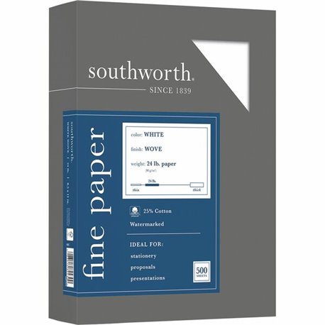 Southworth 24lb 25% Cotton Business Paper - Letter - 8 1/2" x 11" - 24 lb Basis Weight - Wove - 500 / Box - Watermarked, Acid-fr