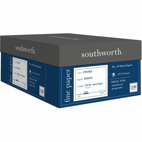 Southworth 25% Cotton No. 10 Business Envelopes - Business - 10 - 4 1/8" Width x 9 1/2" Length - 24 lb - Gummed - Cotton Fiber -