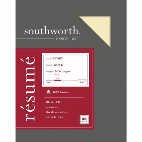 Southworth 100% Cotton Resume Paper - Letter - 8 1/2" x 11" - 24 lb Basis Weight - Wove - 100 / Box - Acid-free, Lignin-free - I