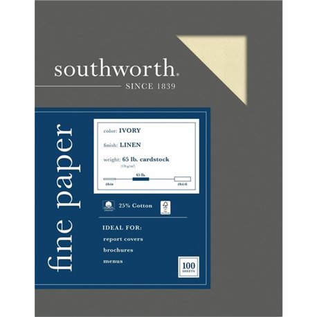 Southworth 25% Cotton Linen Business Cover Stock - Letter - 8 1/2" x 11" - 65 lb Basis Weight - Linen, Textured - 100 / Box - Ac