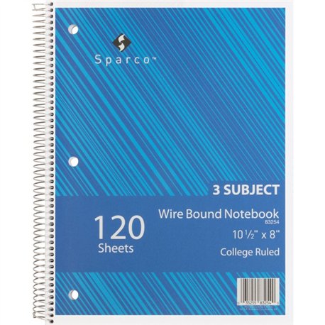 Sparco Wirebound College Ruled Notebooks - 120 Sheets - Wire Bound - College Ruled - Unruled Margin - 16 lb Basis Weight - 8" x 