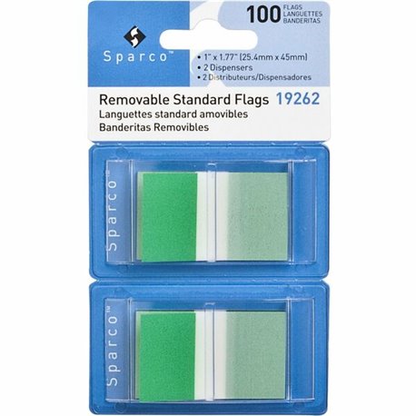 Sparco Removable Standard Flags Dispenser - 100 x Green - 1 3/4" x 1" - Rectangle - Green - See-through, Self-adhesive, Removabl