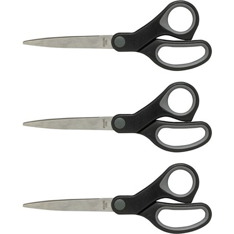 Sparco Straight Scissors w/Rubber Grip Handle - 8" Overall Length - Straight - Stainless Steel - Black, Gray - 3 / Bundle