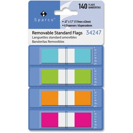 Sparco Pop-Up Dispenser Page Flags - 140 x Assorted - 1/2" - Assorted - Cellophane - Self-adhesive, Repositionable, Removable, W