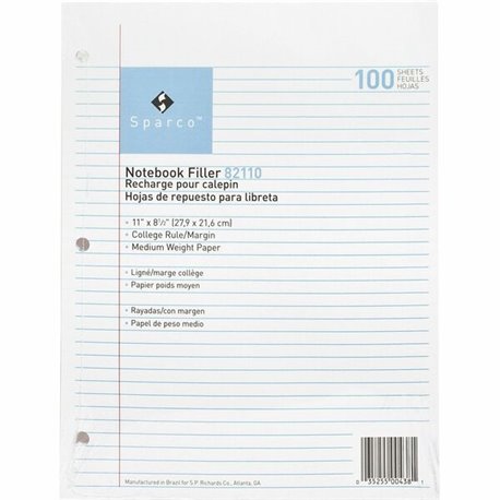 Sparco Notebook Filler Paper - Letter - 100 Sheets - Ruled Red Margin - 16 lb Basis Weight - Letter - 8 1/2" x 11" - White Paper